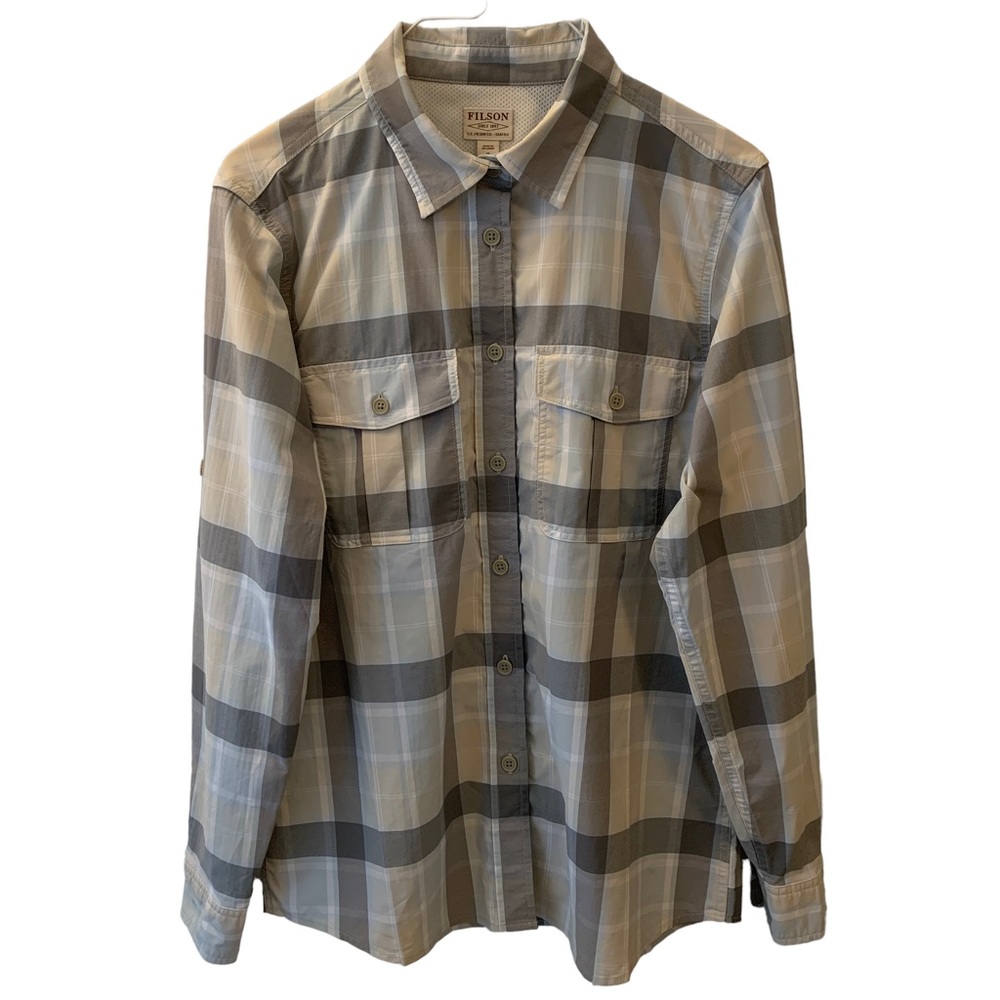 Filson Lake Crescent Plaid Button Down Shirt Crimson Gray Sky